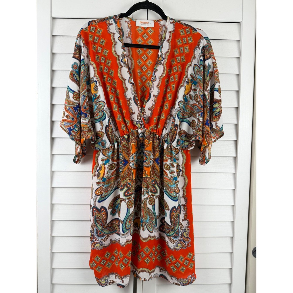 Renee C Paisley Tunic Dress Women XL Orange Boho Dolman Sleeve
